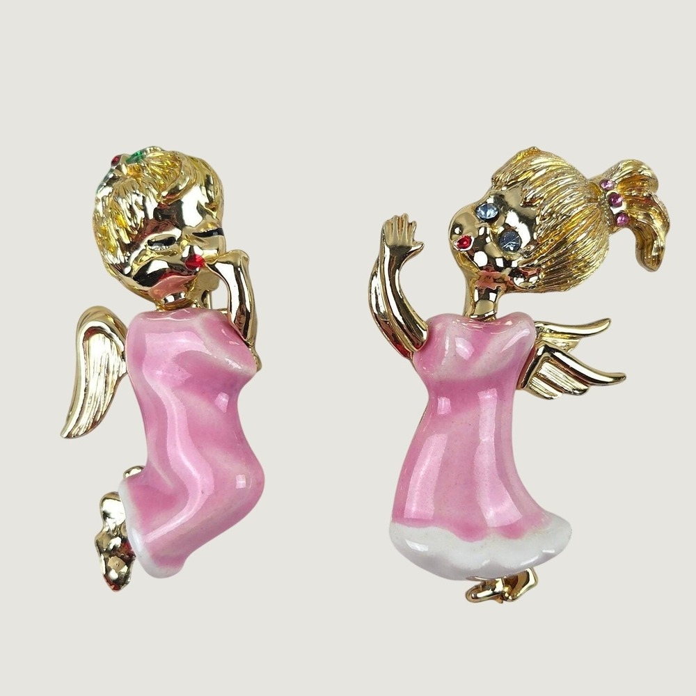 Vintage Estate Beatrix Christmas Angel Cherub Enamel Brooch Pin Set